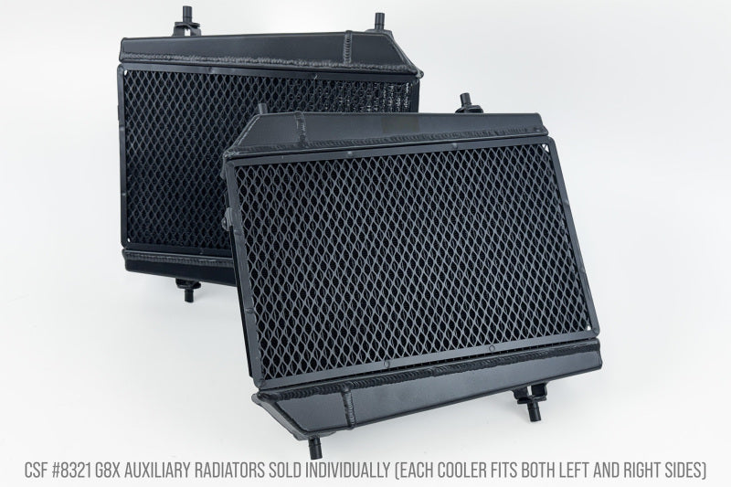 Auxiliary radiator, CSF BMW G8X M3/M4/M2, black aluminum with dense diamond-pattern fins and welded tanks.