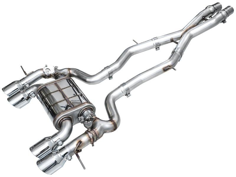 AWE Tuning 23-24 BMW G87 M2 exhaust, polished stainless steel with a central muffler and four chrome silver tips.