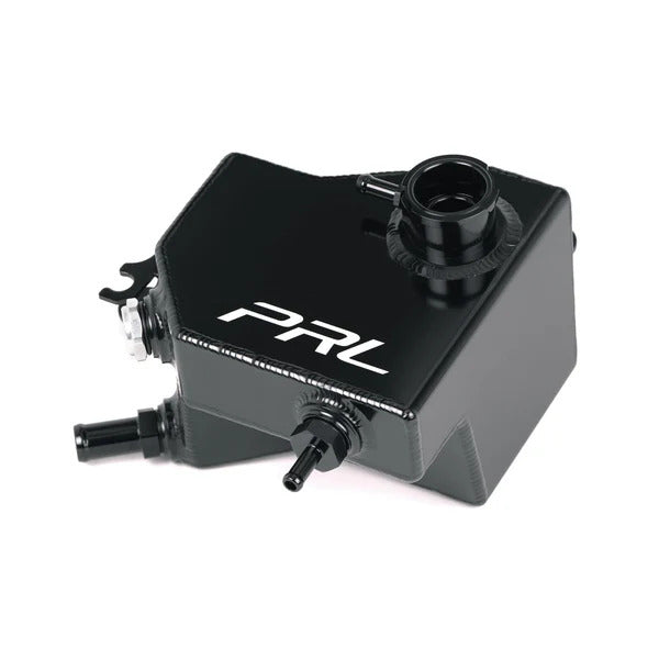 PRL Motorsports Baffled Coolant Expansion Tank for Honda Civic Type R and Acura Integra, anodized black aluminum with fittings and sight glass