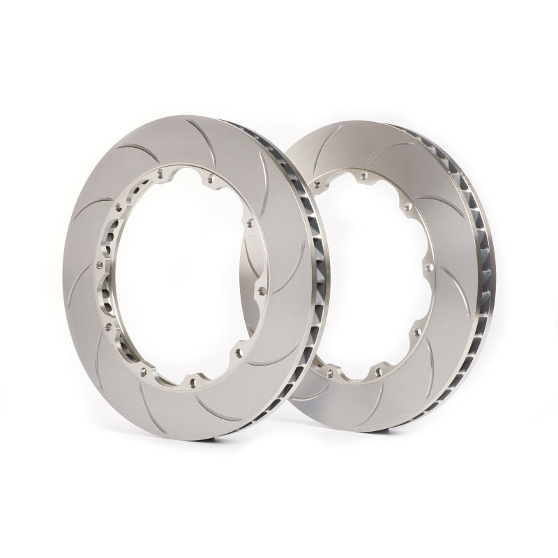 GiroDisc Slotted Rear Rotors, a pair of silver metal brake rings with curved slots and ventilated edges.