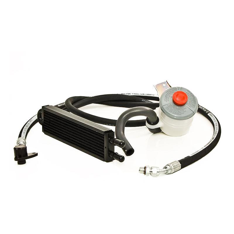 Hybrid Racing K-Swap power steering conversion kit for K series motors in Civics and Integras with pump, lines, cooler, and reservoir components