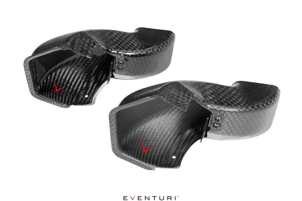 Eventuri BMW G87 M2 carbon intake scoop set, black woven carbon fiber with a glossy finish and curved air guides.