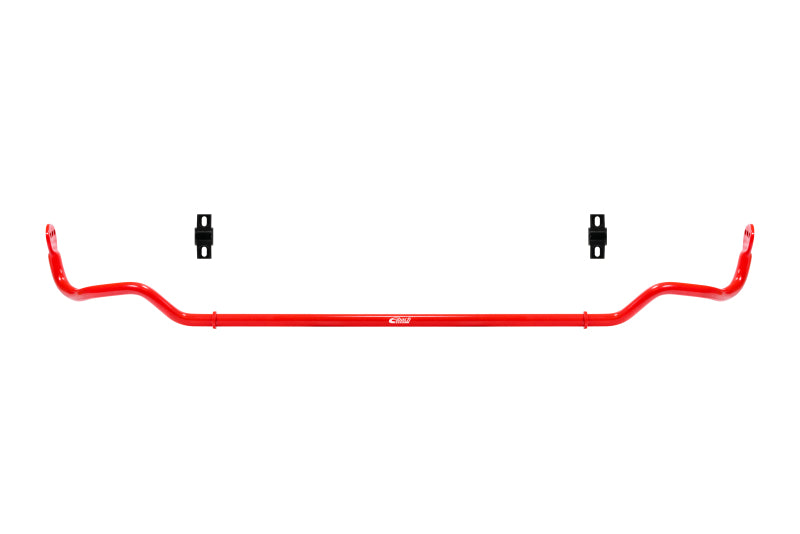 Rear anti-roll bar kit in glossy red metal, with a curved bar and two black mounting brackets; Eibach 23mm Rear Anti-Roll Kit.