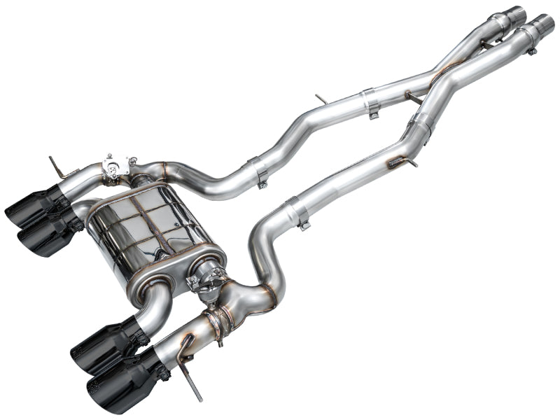 Exhaust system, AWE Tuning 23-24 BMW G87 M2, polished stainless steel with quad diamond-black tips and valved muffler.