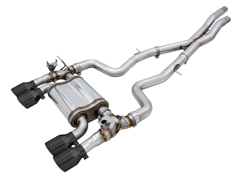 BMW cat-back exhaust system with polished stainless steel pipes, central muffler, valve actuators, and black angular tips; AWE Tuning BMW SwitchPath design.