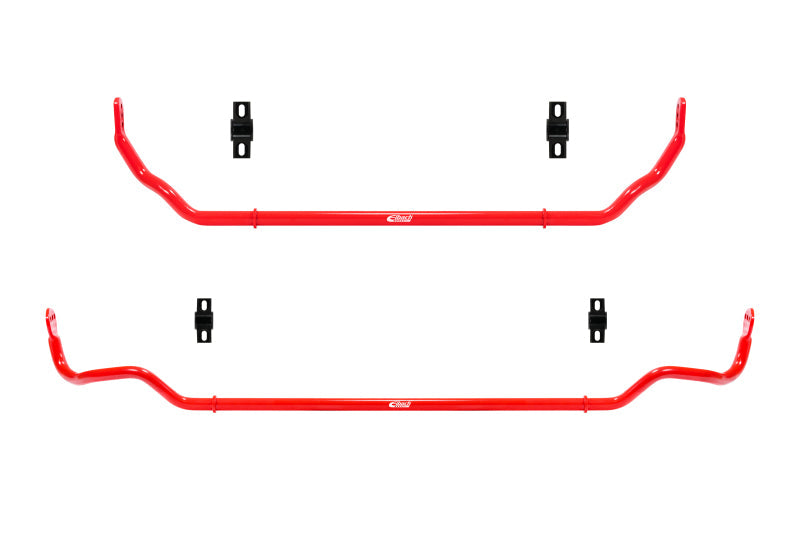 Eibach Anti-Roll F&R Sway Bar Kit with two bright red steel bars and four black mounting brackets.