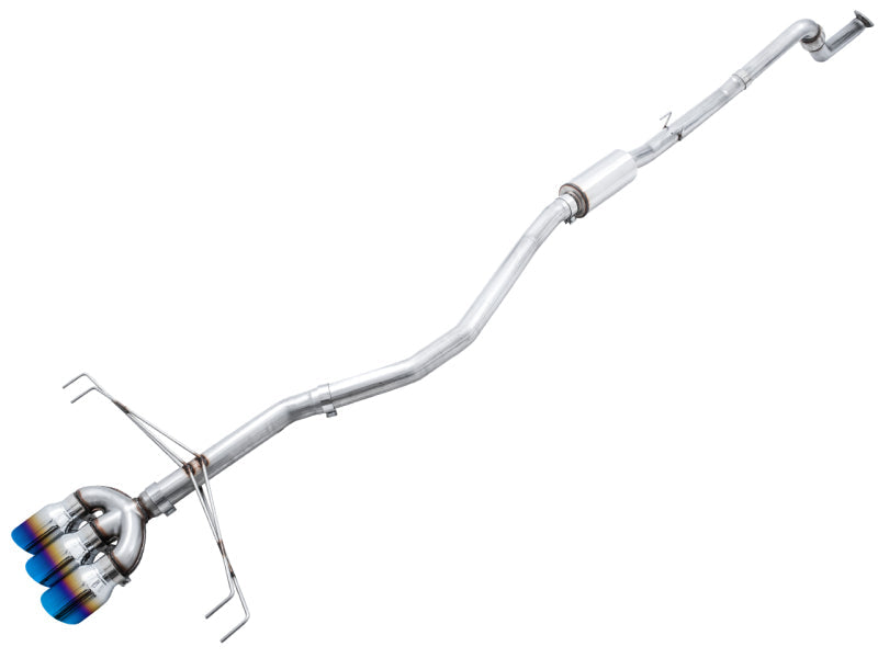 AWE Tuning Track Edition exhaust system in polished stainless steel, with triple blue-burnished slash-cut tips and a long mid-pipe resonator.