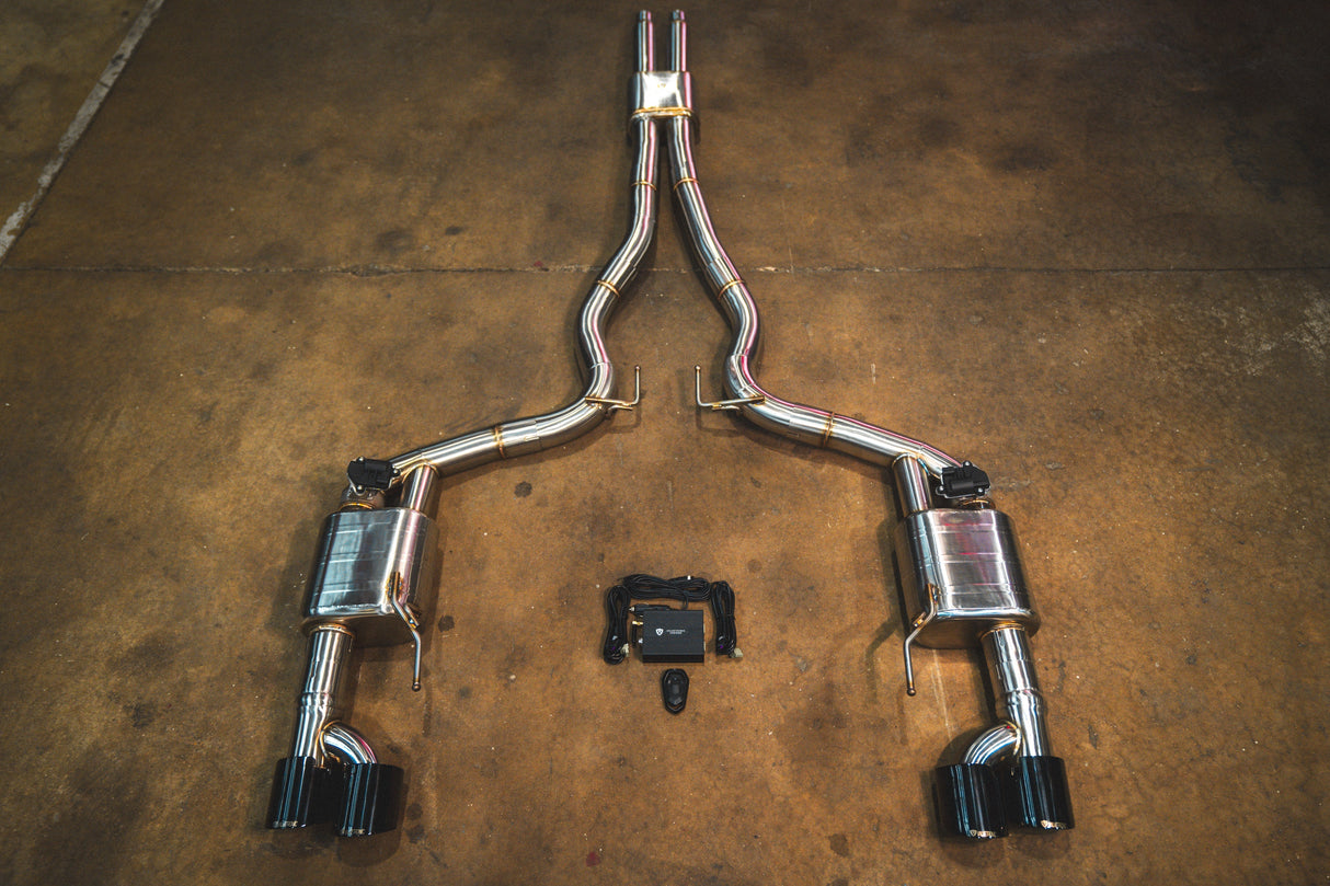 Ford Mustang GT S650 valved sport exhaust system with dual-wall black tips and 3.0-inch mandrel-bent piping