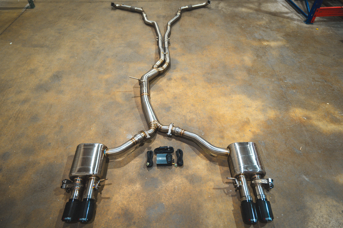 Audi B9 S4 valved exhaust system in polished stainless steel, with dual mufflers, black tips and remote control.