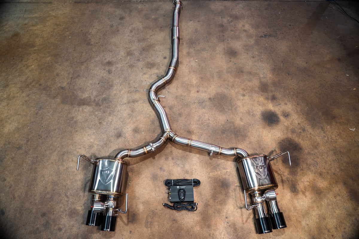 Subaru FA20 WRX Valved Sport Exhaust in polished stainless steel, with dual mufflers, black exhaust tips and valve controller.