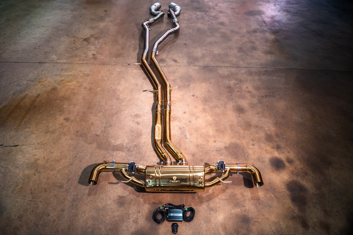 AUDI RSQ8 Valved Sport Exhaust system with polished stainless steel pipes, twin mufflers, electronic valves and curved outlets.