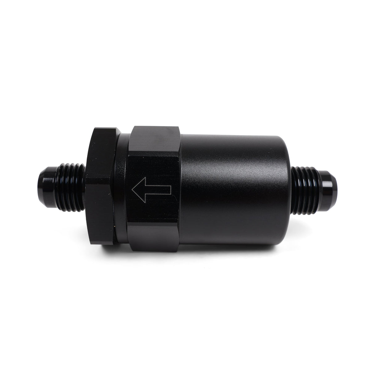 Hybrid Racing Black Inline Fuel Filter with -6AN fittings and 100-micron filtration for improved engine performance