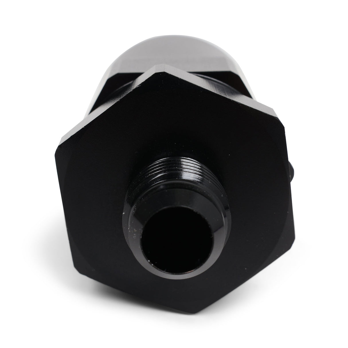 Hybrid Racing Black Inline Fuel Filter with -6AN fittings and 100-micron filtration for improved engine performance