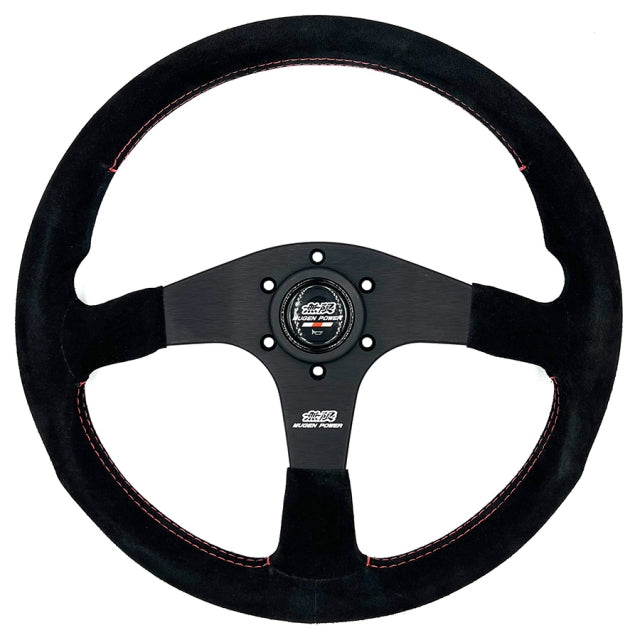Mugen Racing III 350mm black suede steering wheel with red stitching and Mugen Power horn button