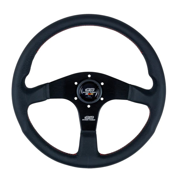 Mugen Racing III 350mm black leather steering wheel with red stitching and Mugen horn button