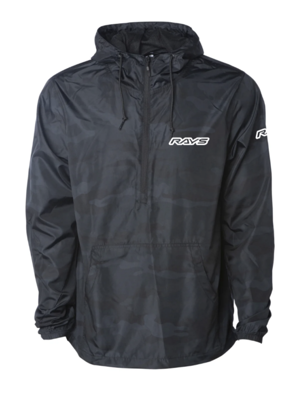 RAYS Lightweight Pullover Windbreaker in polyester with waterproof coating, matte finish zippers, mesh hood liner, and elastic cuffs