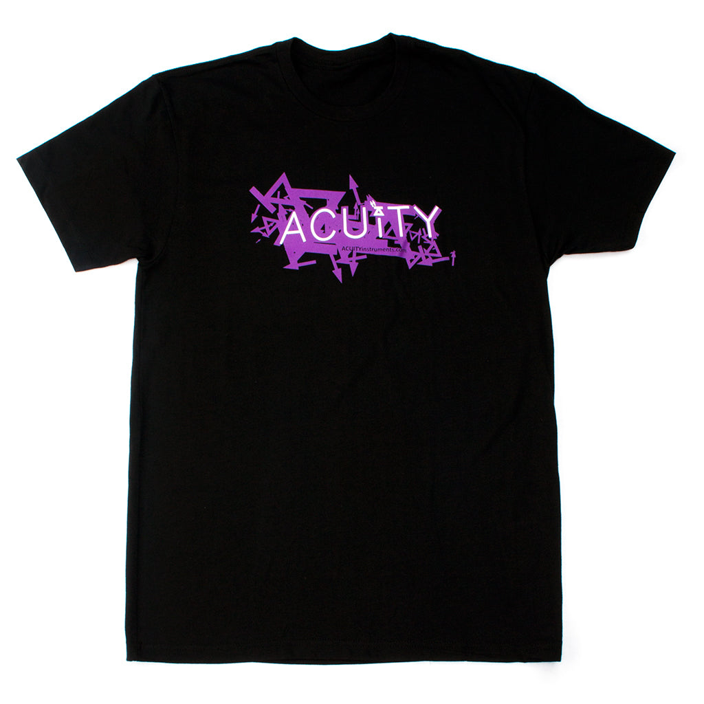 Black ACUITY Scatter T-Shirt with purple and white screen print, 60% cotton blend, tear-away tag