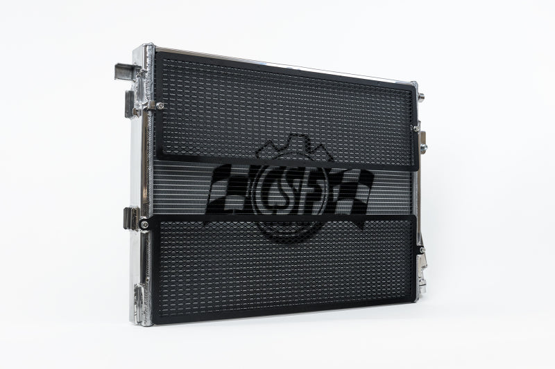 CSF BMW G8X M3/M4 front mount heat exchanger with a black finned core, silver metal frame, and center support bar.