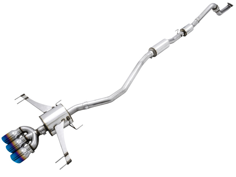 AWE Tuning Touring Edition exhaust in polished stainless steel, with a resonator and triple blue-burnished tips.