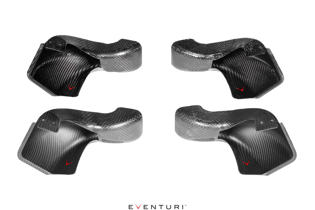Eventuri BMW G8X M3 carbon fiber intake scoops in black, with a glossy woven pattern and angular one-piece shape.