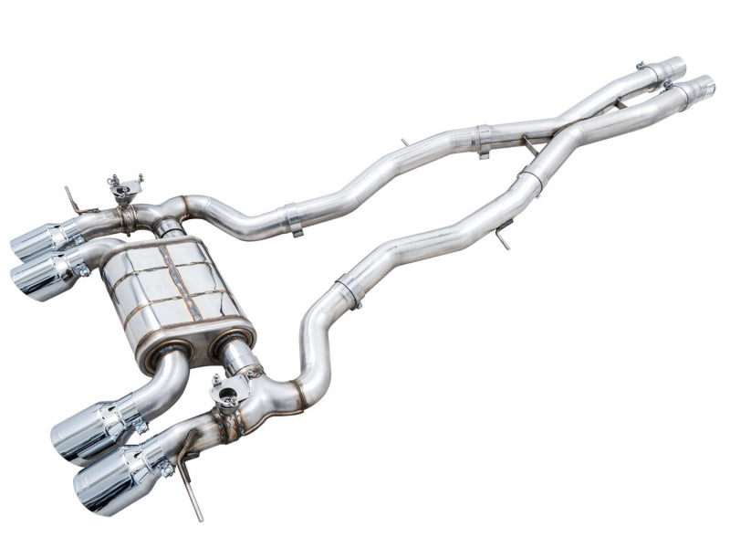 AWE SwitchPath Catback Exhaust in polished stainless steel, with twin pipes, a central muffler and chrome silver tips.