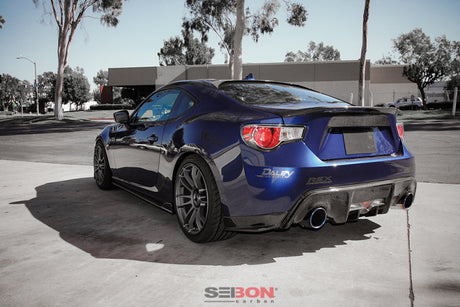 Blue Scion FR-S with Seibon 12-13 Scion FRS carbon fiber rear fin spoiler and aftermarket wheels