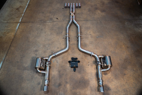 Dodge Charger V8 with Valvetronic Designs valved sport exhaust system installed, showcasing high-performance stainless steel construction and dual-mode sound control.