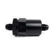 Hybrid Racing Black Inline Fuel Filter with -6AN fittings and 100-micron filtration for improved engine performance