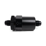 Hybrid Racing Black Inline Fuel Filter with -6AN fittings and 100-micron filtration for improved engine performance