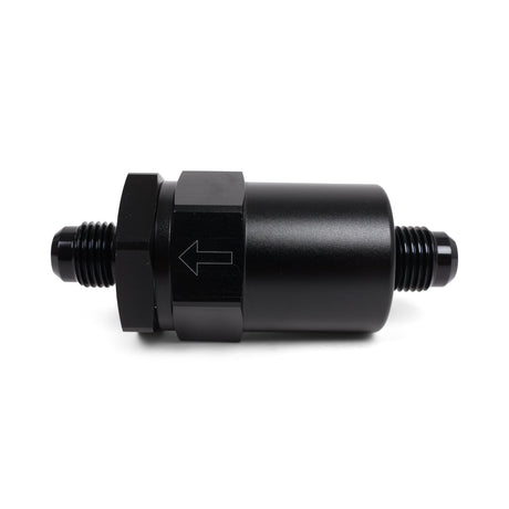 Hybrid Racing Black Inline Fuel Filter with -6AN fittings and 100-micron filtration for improved engine performance