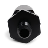 Hybrid Racing Black Inline Fuel Filter with -6AN fittings and 100-micron filtration for improved engine performance