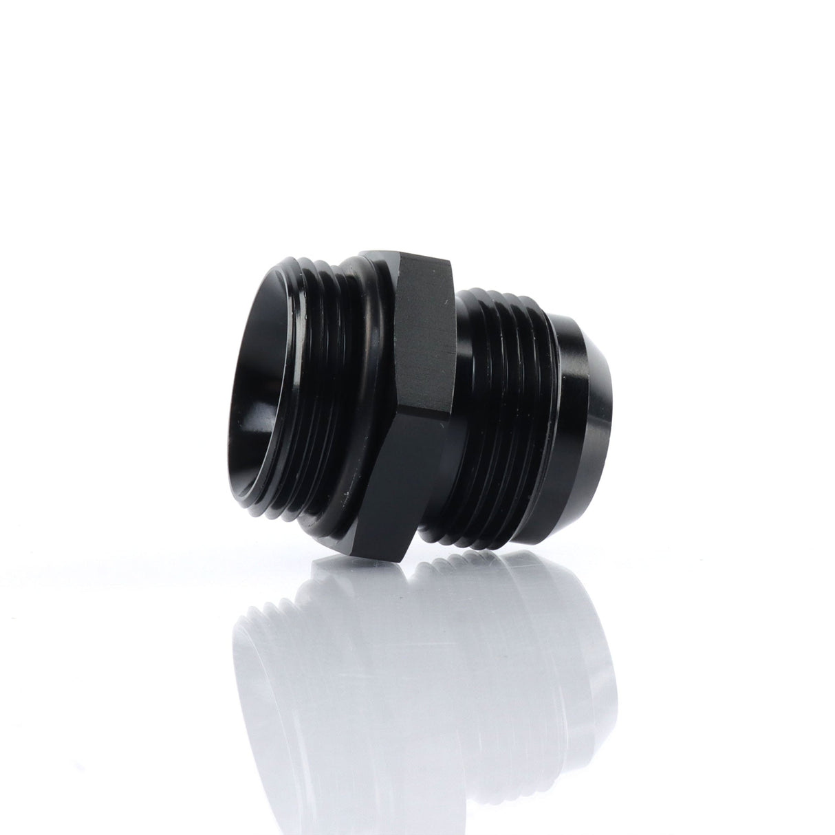 Hybrid Racing -16AN to -16ORB black anodized billet aluminum straight fitting for K-Series thermostat housing connection