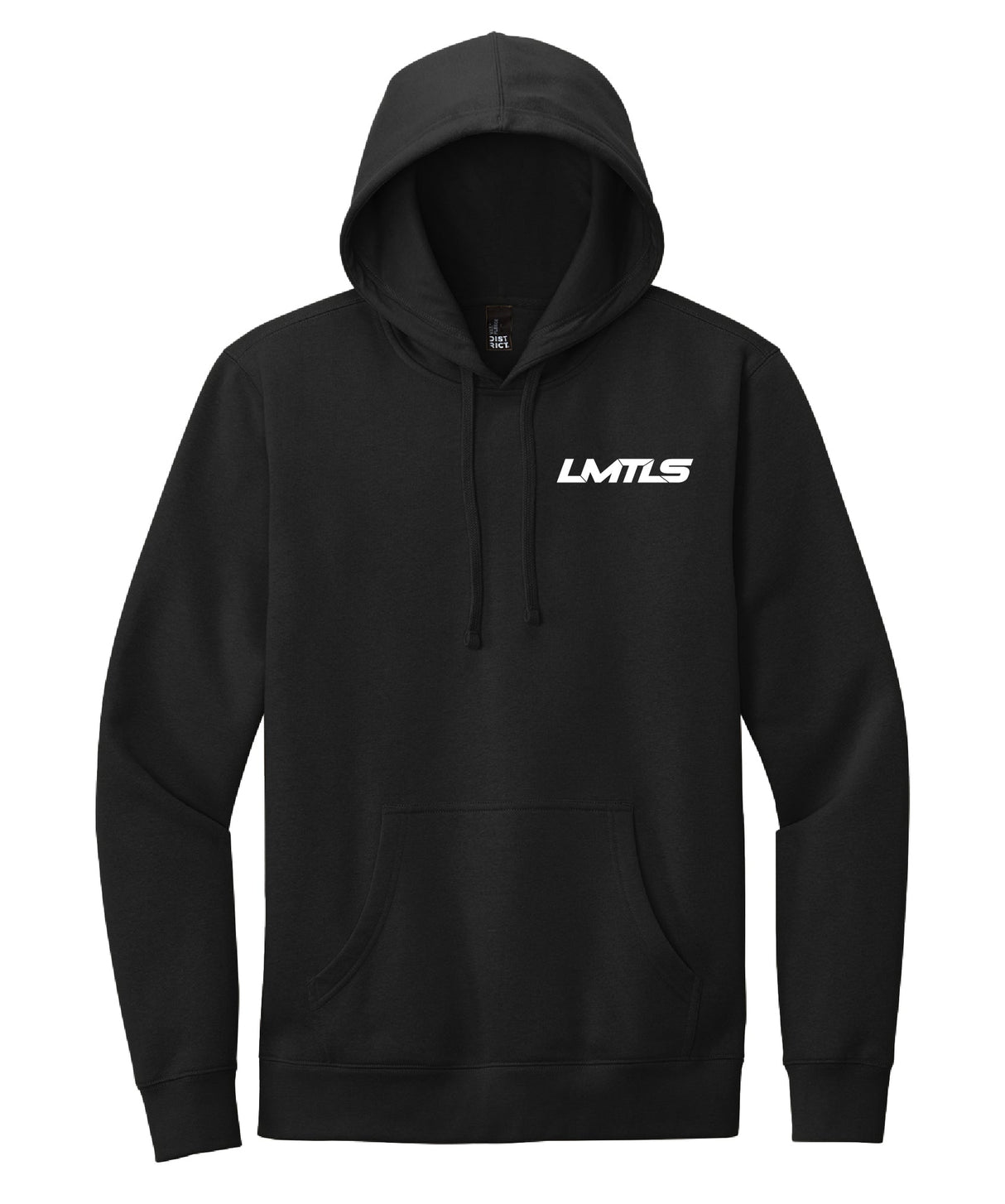 Black LMTLS Auto Hoodie with white puff logo, lightweight cotton blend, jersey-lined hood, and front pouch pocket