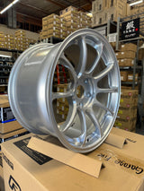 Volk Racing ZE40 M-SPEC 18x10.0 5x120 diamond silver alloy wheel in warehouse setting