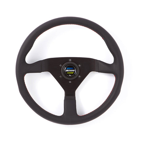 Spoon Sports 340mm black leather steering wheel with red stitching and Spoon Sports horn button