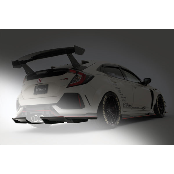 Varis Arising-I rear diffuser on white 2017-2021 Honda Civic Type R FK8 with carbon fiber aerodynamic enhancements