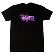 Black ACUITY Scatter T-Shirt with purple and white screen print, 60% cotton blend, tear-away tag