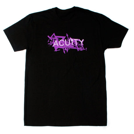 Black ACUITY Scatter T-Shirt with purple and white screen print, 60% cotton blend, tear-away tag