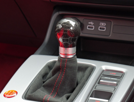 HKS carbon fiber shift knob with machined aluminum collar and red accent for Honda Civic Type R FK8/FL5 2017+